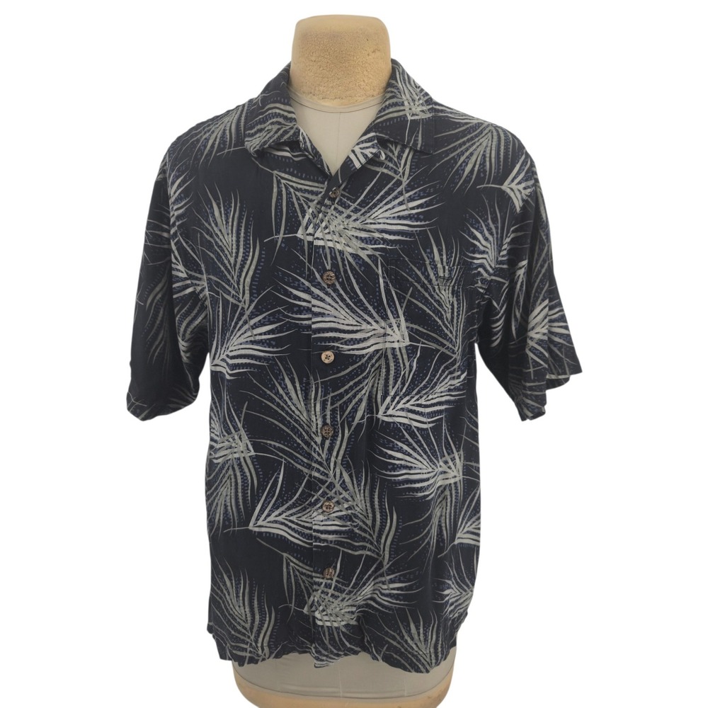 Joseph & Feiss Button Up Mens Large Silk Palm Leaf Hawaiian Camp Shirt Black